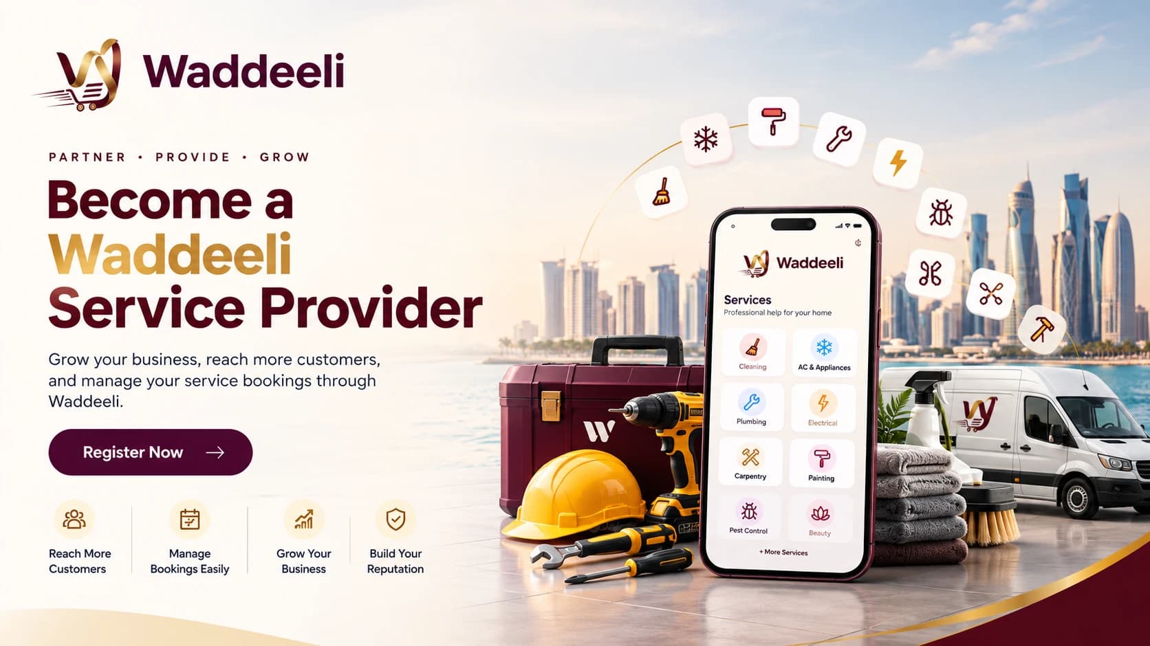 Become a Waddeeli service provider — grow your business, reach more customers and manage bookings. Register now.